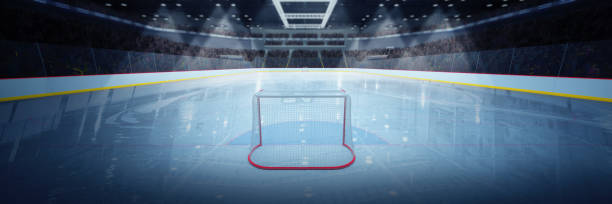 View from gate. 3D render of hockey arena, ice skate.   Thousands of fans scream and cheer for their favorite team. Concept of sport, active lifestyle, match, competition.