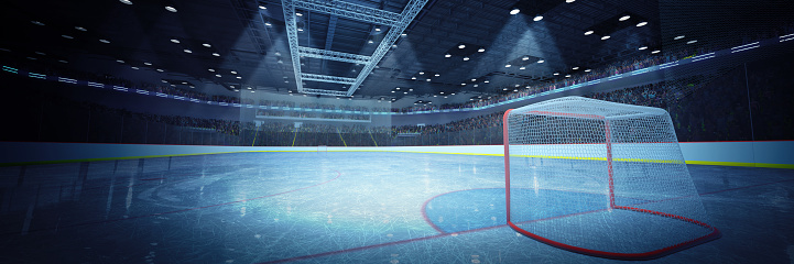 3D render of hockey arena surface. Fans support and waiting for sport teams. Crowd stands. Concept of sport, hockey, health, hobby, lifestyle, match.