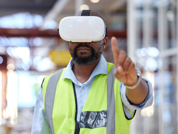 istock Logistics, warehouse and man in virtual reality headset for online checklist, inventory or online schedule. Future technology, person in vr glasses in factory and futuristic stock management system. 1587635290