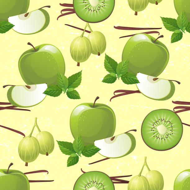 ilustraciones, imágenes clip art, dibujos animados e iconos de stock de verde frutas seamless - portion apple food pattern