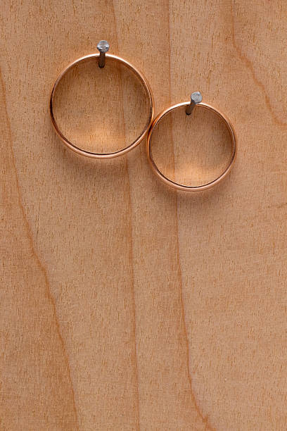 istock Gold rings on wooden texture 158764762