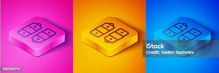istock Isometric line Battery icon isolated on pink and orange, blue background. Lightning bolt symbol. Square button. Vector 1587650747