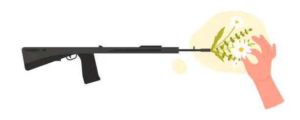 Vector illustration of Hand putting flowers in rifle weapon