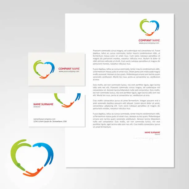 Vector illustration of Heart shaped ocmmunity logo design with business card and letterhead