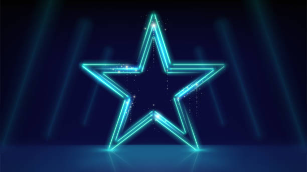 istock Neon star on blue background. Glowing led stars. Stage. Sparkling neon star, led lines. Stage light, backdrop for displaying products, montage. Awards ceremony. Vector illustration 1587666124