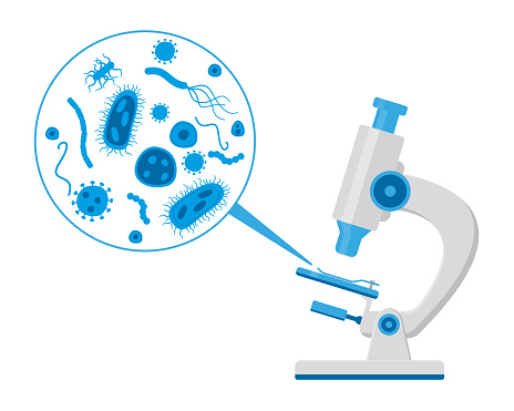 Microscope vector illustration, research of microbes in a microscope, laboratory equipment, flat style, logo, icon.
