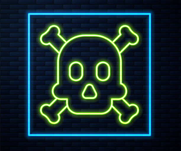 istock Glowing neon line Bones and skull as a sign of toxicity warning icon isolated on brick wall background. Vector 1587686089