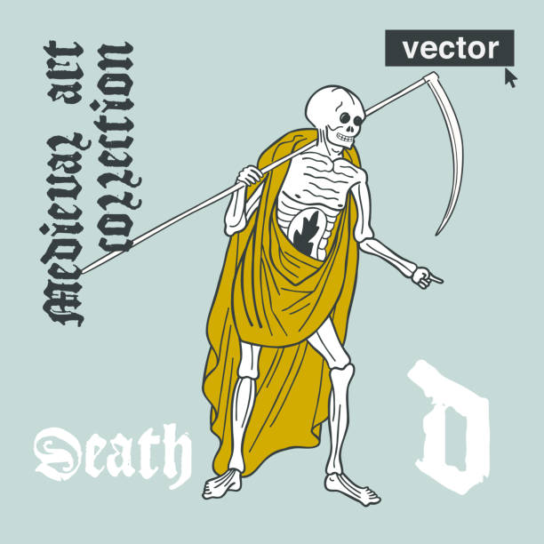 ilustrações de stock, clip art, desenhos animados e ícones de skeleton with scythe, medieval style illustration. engraving art with blackletter calligraphy. - cross hatching