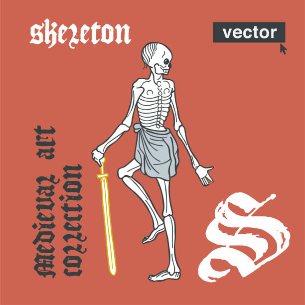 ilustrações de stock, clip art, desenhos animados e ícones de skeleton with sword medieval style illustration. engraving art with blackletter calligraphy. - cross hatching