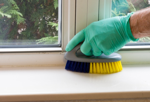 housekeeper with a rubber glove and brush cleaning a window sill