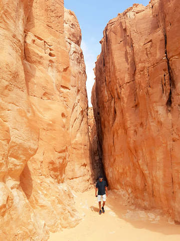 May 2023, Colored Canyon in the Sinai Peninsula Desert: Climbing in the natural rock formations of the Canyon in the desert. Extreme activities and sports in the desert.