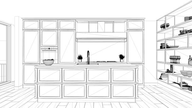 istock Interior design project, black and white ink sketch, architecture blueprint showing classic kitchen in modern luxury apartment with parquet floor, contemporary architecture 1587710567