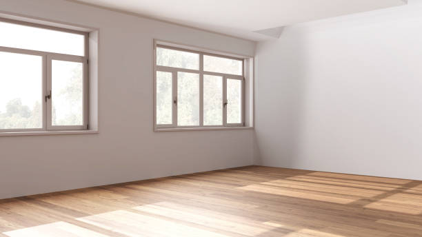 istock Wooden empty room interior design, open space with parquet floor, panoramic windows, white walls, modern contemporary architecture concept idea 1587711706