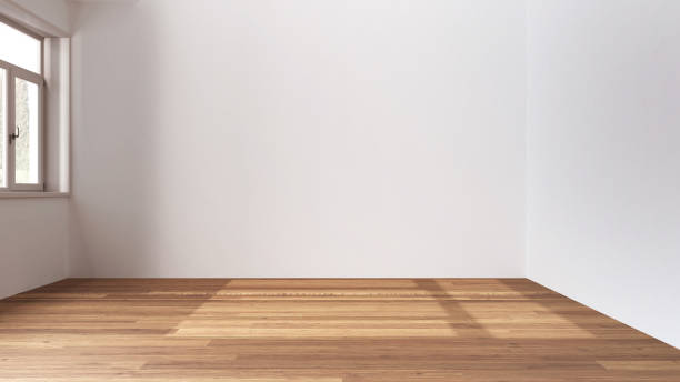istock Wooden empty room interior design, open space with parquet floor, panoramic window, white walls, modern contemporary architecture concept idea 1587711719