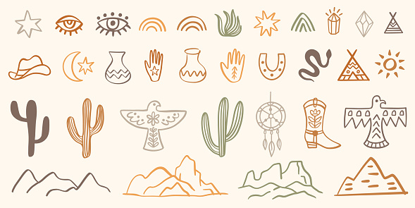 Wild West Cowboy Icons. Hand Drawn Boho Doodles Collection. Aztec Southwestern Graphic Design Decorative Elements Set. Vector Illustration