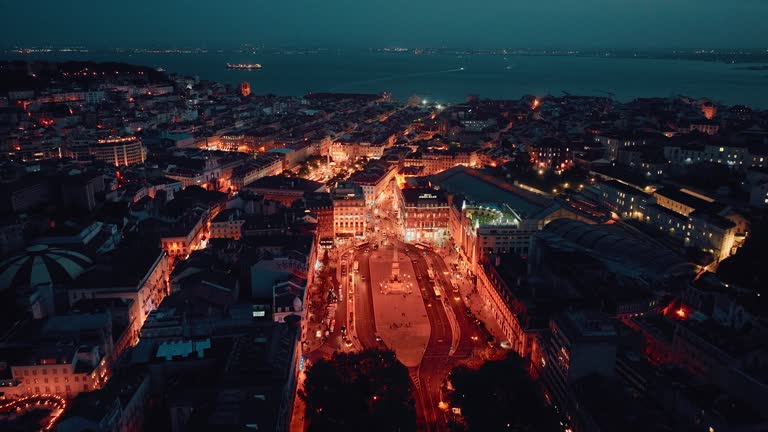 Night aerial images of Lisbon city center, Liberty avenue