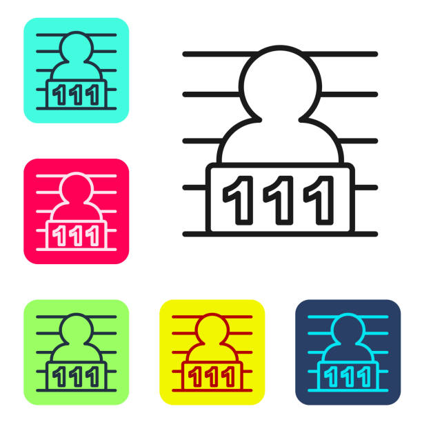 illustrations, cliparts, dessins animés et icônes de ligne noire icône criminelle suspecte isolée sur fond blanc. le criminel en prison, soupçonné près de la planche. définissez les icônes dans les boutons carrés de couleur. vecteur - male mug shot cut out one person