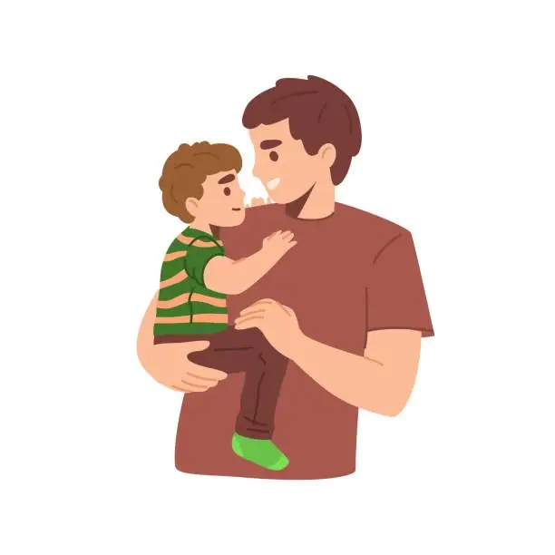 Vector illustration of Young father with child in his arms. Flat vector illustration.