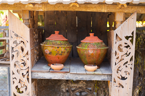 Two thai clay pots for cooking or tea on farm near On Tai, Chiang Mai, San Kamphaeng district of Chiang Mai