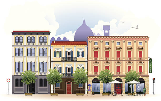 ilustrações, clipart, desenhos animados e ícones de paisagem urbana 1 - facade street building exterior vector