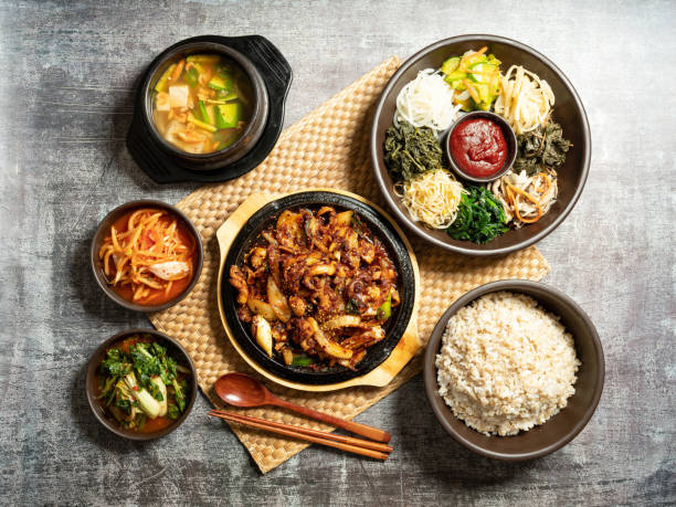 istock Stir-fried webfoot octopus, various vegetable bibimbap, and soybean paste stew 1587816403
