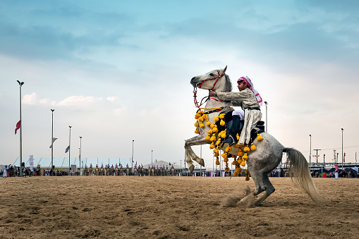 Saudi Arab Horse rider on traditional desert safari festival in abqaiq Saudi Arabia. 10-Jan-2020
