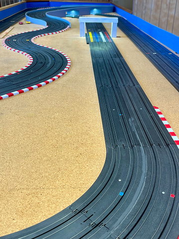 Long view of a four lane slot car race track