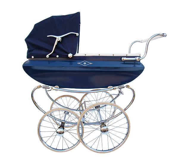 Blue baby carriage with chrome finish stock photo
