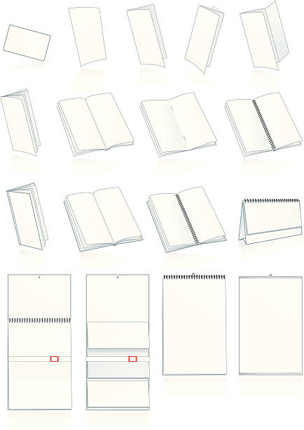 Print-press paper production. Leaflets, booklets, calendars Paper finishing and bookbinding production. Leaflets, business cards, booklets, brochures, calendars, advertising materials. Vector illustration book binding illustrations stock illustrations