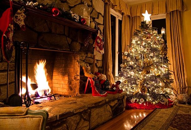 istock Christmas tree and stone fireplace in a vintage home 158787364