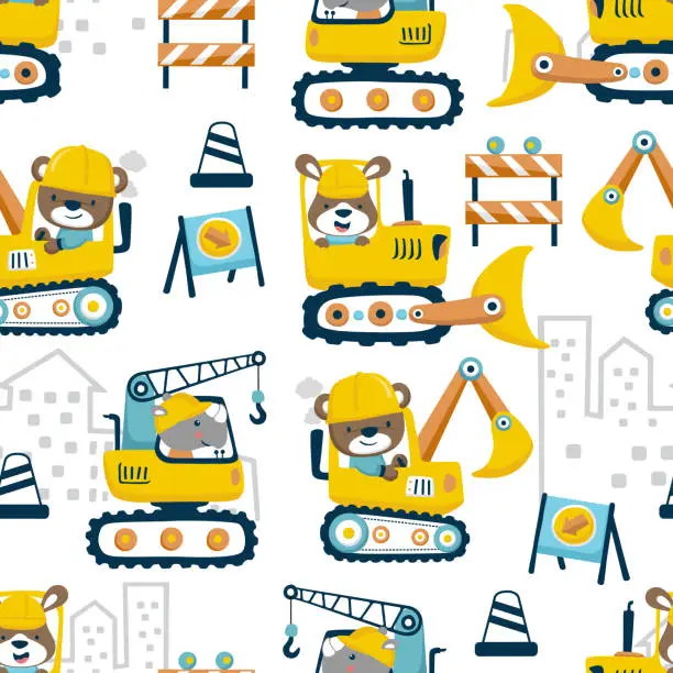 Vector illustration of Seamless pattern vector of cute animals driving construction vehicle, construction element cartoon