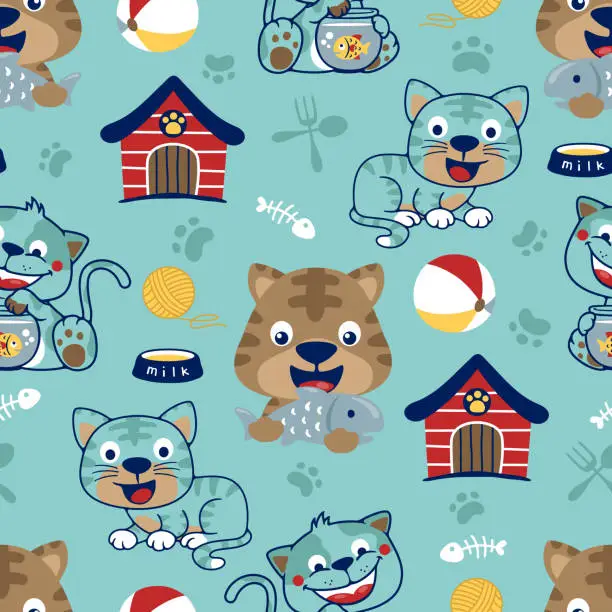 Vector illustration of Seamless pattern vector of funny cat cartoon with pets care elements