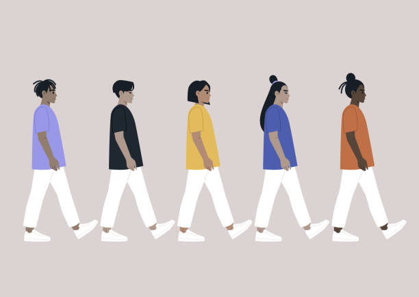 ilustraciones, imágenes clip art, dibujos animados e iconos de stock de un grupo de jóvenes personajes diversos caminando al unísono como una representación de la unidad - profile people in a row group of people people