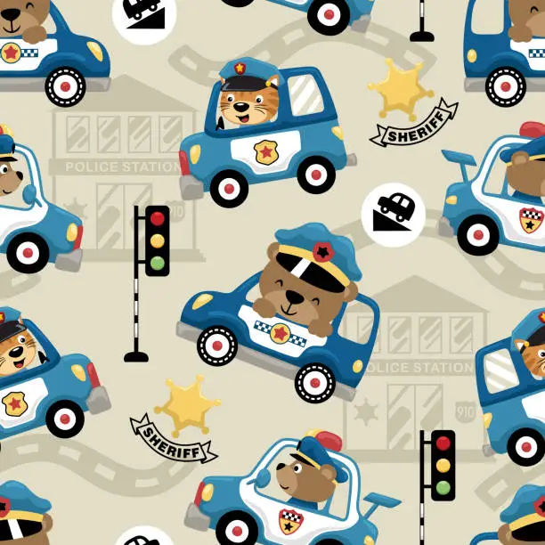 Vector illustration of Seamless pattern vector of funny animals driving police car, traffic cop elements