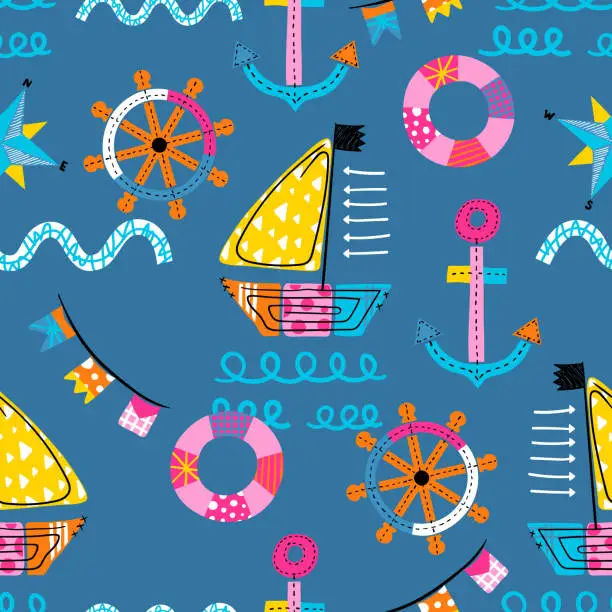 Vector illustration of Seamless pattern vector of sailboat cartoon with sailing elements in doodle art style