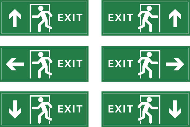 illustrazioni stock, clip art, cartoni animati e icone di tendenza di segno dell'uscita - fire exit sign