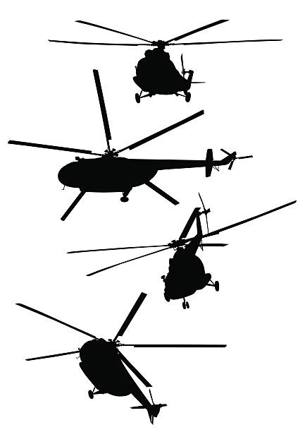 Silhouettes of flying helicopters Vector drawing of helicopters. Silhouettes on a white background helicopter illustrations stock illustrations