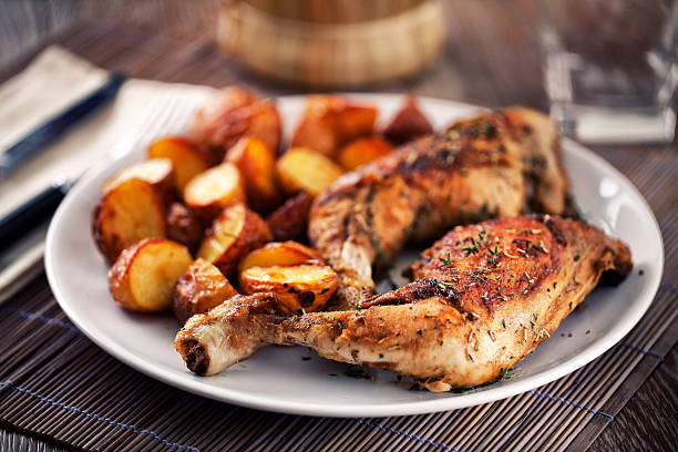 Roast chicken with potatoes on a plate