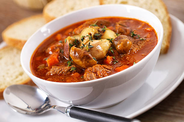 Hot stew with mushrooms stock photo