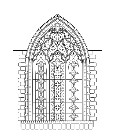Beautiful Gothic stained glass window from French church. Black and white drawing for coloring book. Medieval architecture in western Europe. Worksheet for children and adults. Vector illustration.