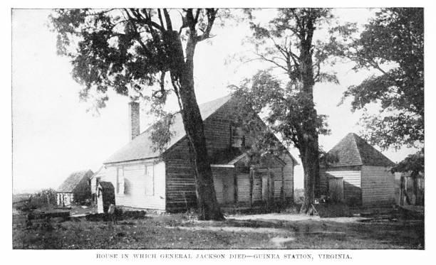 ilustrações de stock, clip art, desenhos animados e ícones de confederate general stonewall jackson's death place, guinea station, virginia,19th century american civil war history - stonewall jackson civil war general engraving