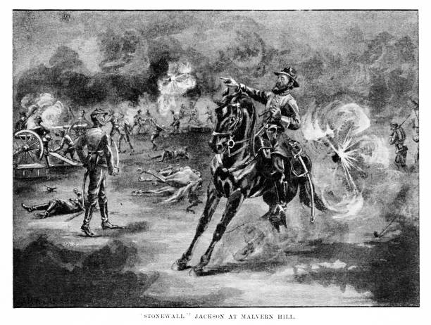 ilustrações de stock, clip art, desenhos animados e ícones de confederate general stonewall jackson' at malvern hill, chancellorsville , virginia, united states, 19th century american civil war history - stonewall jackson civil war general engraving