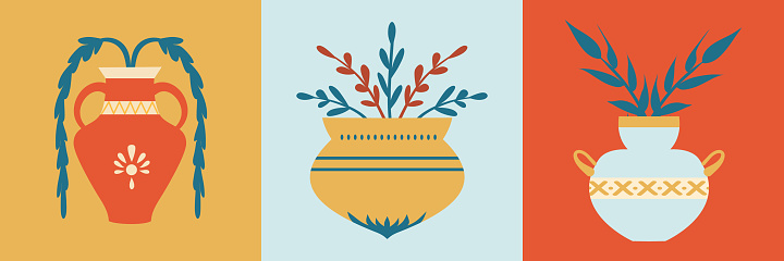 Set of posters with Ancient Greek vases, plants and leaves. Art, pottery, ceramics and culture.
Can be used in print, card or social media design.