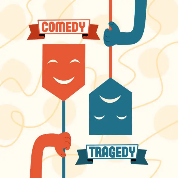 Vector illustration of Masks of tragedy and comedy. The concept of performance, show and theater. Drama and fun.