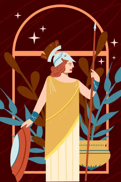 Vector illustration of Illustration of Athena. Ancient Greece and mythology. A woman with a spear and a shield.