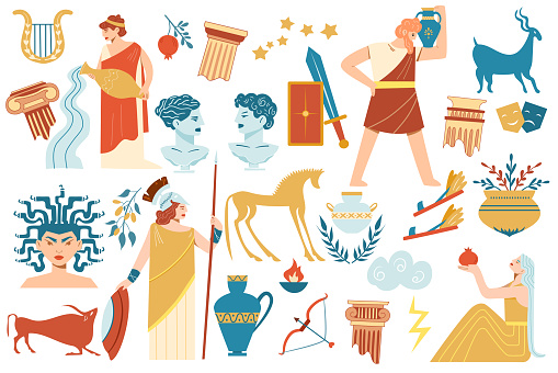 Vector illustration of a bunch of antique signs and symbols. Symbols of the gods of ancient Greece. Elements of mythology. Gods, animals, vases and columns.
