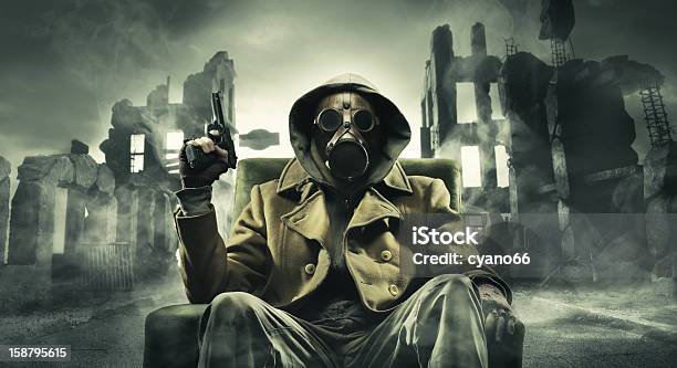 Post Apocalyptic Survivor In Gas Mask Stock Photo - Download Image Now - Adult, Adults Only, Asphalt