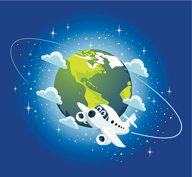 Airplane and Cartoon map of World vector art illustration