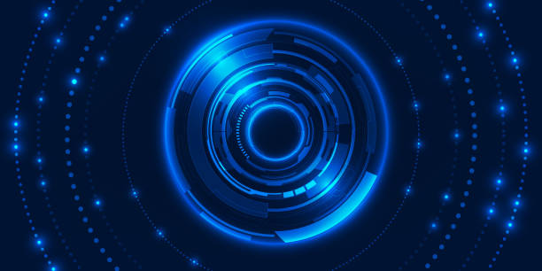 istock Vector illustration of futuristic digital head up display with orbit glowing dots around. 1587981199