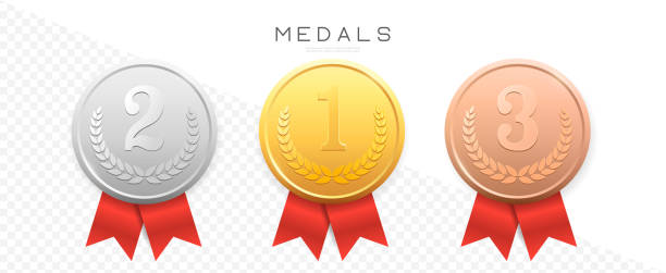 ilustraciones, imágenes clip art, dibujos animados e iconos de stock de medallas de oro, plata, bronce conjunto vector. insignia realista de metal con logro de primera, segunda, tercera colocación. etiqueta redonda con cinta roja. premio del ganador. trofeo de competición - podium medal gold medal ribbon